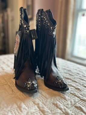 Fringed Western Ankle Boots in Black and Brown